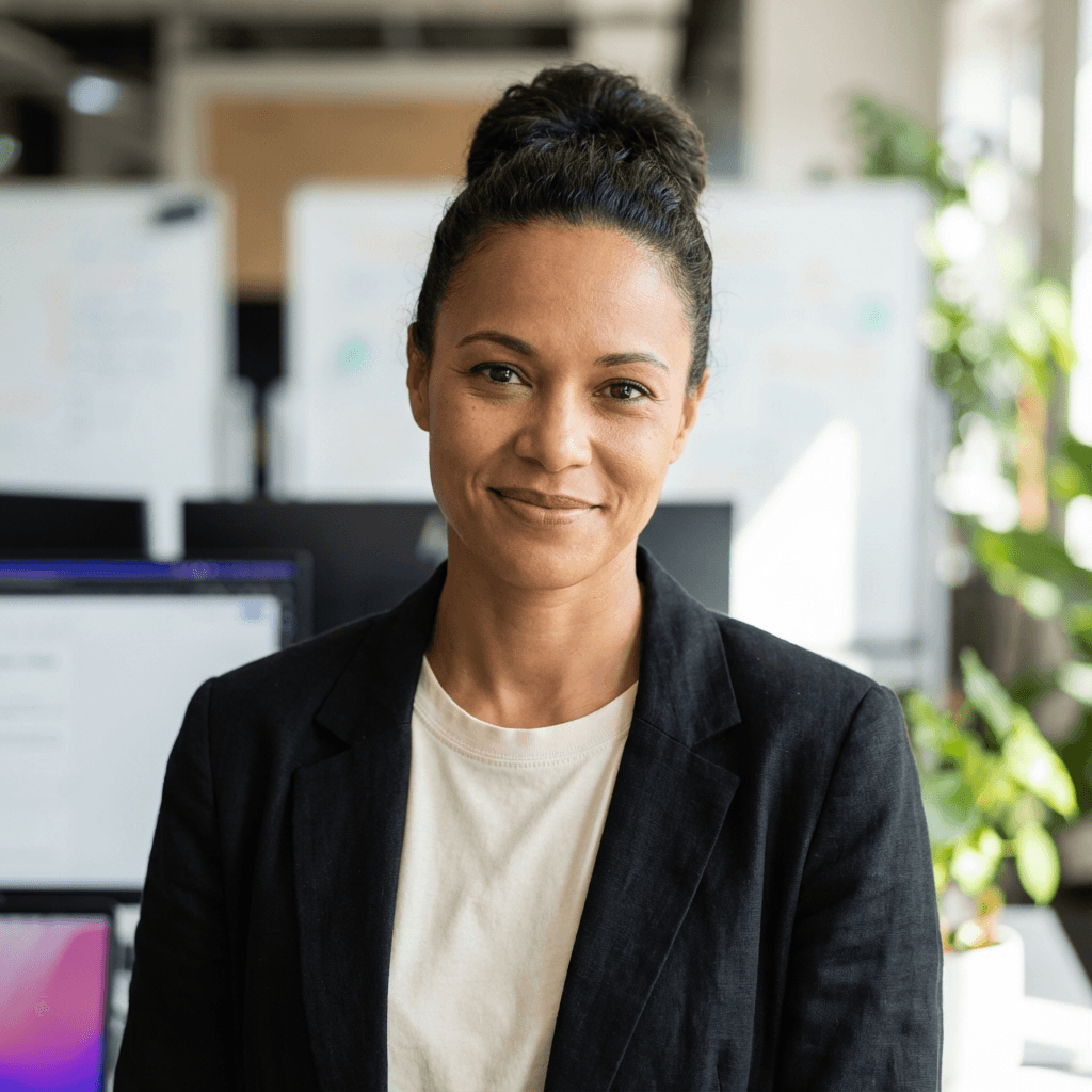 Sarah Mitchell standing in a bright office with clean carpets