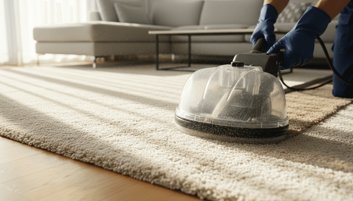 Professional carpet cleaner using an extraction machine on a beige carpet in a bright London living room