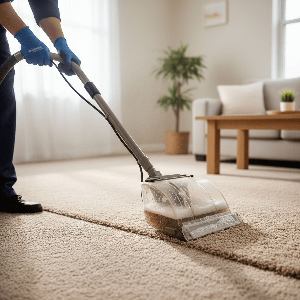Awad Mohammed, owner of NanoDefence, kneeling beside a carpet in a London living room with a pre-treatment sprayer